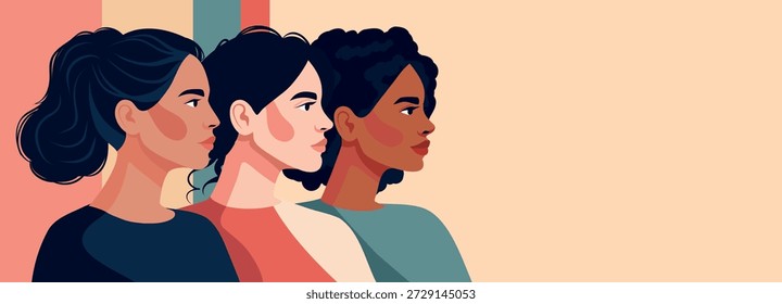 Anuncio de Vector con espacio para texto dedicado al Día Internacional de la Mujer, 8 de marzo. Mujeres de diferentes nacionalidades juntas. Igualdad de género, empoderamiento de la mujer, feminismo, libertad
