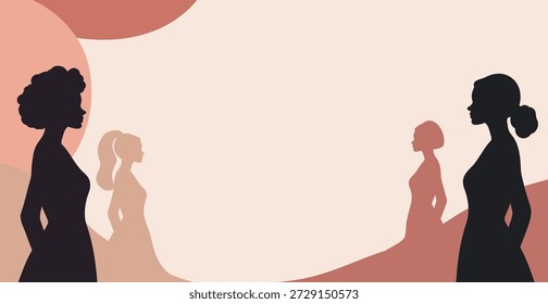 Vektorbanner mit einem Platz für Text, weibliche Silhouetten Symbol Vielfalt, Gleichheit, Frauenförderung. Für Frauengesundheitsprojekte, Selbsthilfe, Achtsamkeit, Postkarten zum Frauentag, 8. März