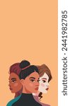 Vector banner with place for text. Feminism Day. Strong women from different cultures stand shoulder to shoulder. Feminism concept, gender equality, protection of women