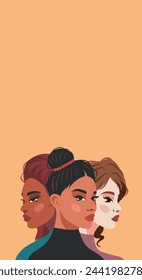 Vector banner with place for text. Feminism Day. Strong women from different cultures stand shoulder to shoulder. Feminism concept, gender equality, protection of women's rights and freedoms