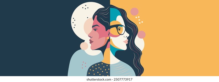 Vector Anuncio lugar para texto para el Día Internacional de la Mujer, mujeres de diferentes culturas y nacionalidades. Concepto abstracto de movimiento para la igualdad de Vector Anuncio de Memphis Empoderamiento de las mujeres