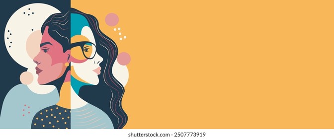 Vector banner place for text for International Women's Day, different women. Vector banner memphis abstract concept of movement for gender equality and women's empowerment