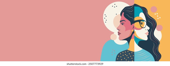 Vector banner place for text for International Women's Day, different women feminism. Vector banner memphis abstract concept of movement for gender equality and women's empowerment