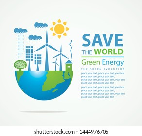 Vector banner with place for text on the theme of environmental protection and ecology of planet. Planet Earth, solar panels, wind turbines and words Safe the World, Green energy