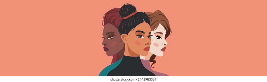 Vector banner lugar para el texto. Mujeres fuertes y diversas de culturas étnicamente diferentes están hombro con hombro. Concepto de feminismo, igualdad de género, protección de los derechos y libertades de las mujeres