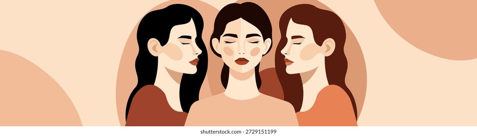 Anuncio de Vector con un lugar para el texto, tres mujeres diferentes de perfil con los ojos cerrados sobre un fondo beige suave con Formas abstractas. Unidad, solidaridad, igualdad de género, diversidad, empoderamiento