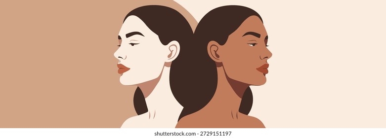 Anuncio de Vector con un lugar para el texto, dos mujeres de perfil con diferente color de piel, fondo pastel. Diversidad, igualdad, empoderamiento. Para autoayuda, atención plena, conciencia, Día de la Mujer, 8 de marzo