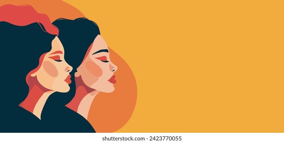 Vector banner with place for text for Women's Day. Strong women of different cultures stand side by side on an orange background. Feminism, gender equality, protection and freedom of women's rights