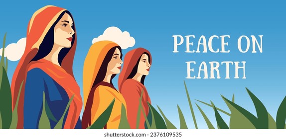 Vector banner place for woman mother text. Israel stand together in a field against a background of blue sky and dove. World peace, strong people. Vector concept for freedom independence without war