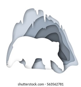 Vector banner to the polar bear day, silhouette with imitation depth. Adult Polar Bear about his house, snow cave, vector illustration