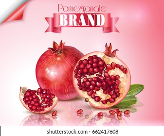 Vector banner of pomegranate fruits group with ribbon on pink background. Design for cosmetics, spa, pomegranate juice, health care products, perfume. Can be used as packaging design