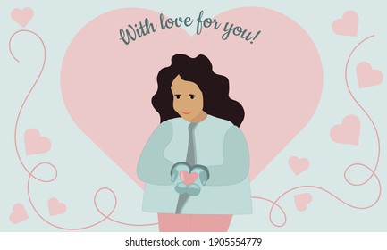 Vector banner or postcard on the theme of Valentine's Day for printing on polygraphy or packaging, girl holding a card heart in her hands