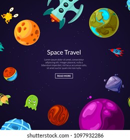 Vector banner and poster background with place for text with cartoon space planets and ships illustration