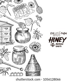 Vector banner and poster background with sketched contoured honey theme elements with place for text illustration