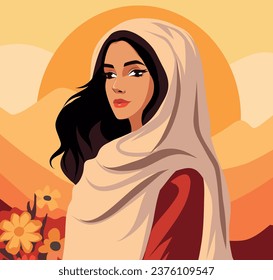 Vector banner poster beautiful arab woman in a field against sunset background. World peace. International Women's Day. Vector concept for freedom independence and women's rights