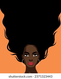 Vector banner poster Beautiful black African American woman. Portrait of a woman with a beautiful face and hair. Hair background, place for text.  movement for gender equality and women's empowerment