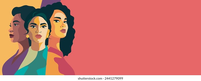 Vector banner poster. Beautiful portraits of women of different nationalities stand side by side. Concept of the movement for gender equality and protection of women's rights empowerment