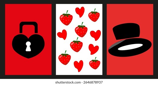 Vector banner, poster in a black frame with elements: hat, castle, hearts and delicious berries. For Valentine's Day, Valentine's Day, wedding, birthday. Suitable for individual posters, postcards