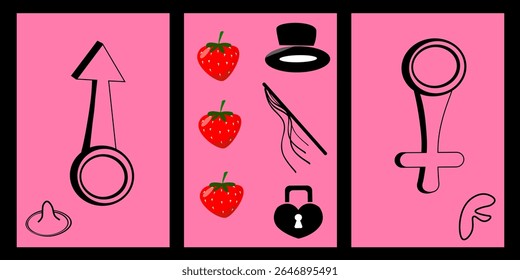 Vector banner, poster in a black frame with elements: hat, castle, delicious berries. For Valentine's Day, for Valentine's Day, for a wedding, birthday. Suitable for individual posters, postcards