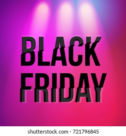 vector banner, poster with black friday lettering inscription illuminated with pink color rays of searchlights on purple background. Advertising , discounts and sale promotion design template
