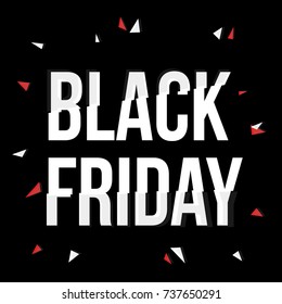 vector banner, poster with black friday lettering inscription on black background with triangle confetti. Advertising , discounts and sale promotion design template