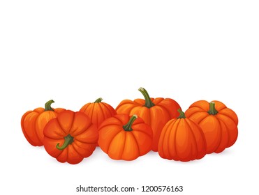 Vector banner, poster, card, border or frame design. Bunch of orange pumpkins with green stems isolated on white background. Autumn harvest, market, web, thanksgiving or halloween template.