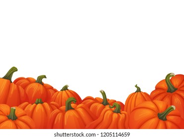 Vector banner, poster, card or frame design. Uneven border of orange pumpkins with green stems isolated on white background. Autumn harvest, market, web site, thanksgiving or halloween template.