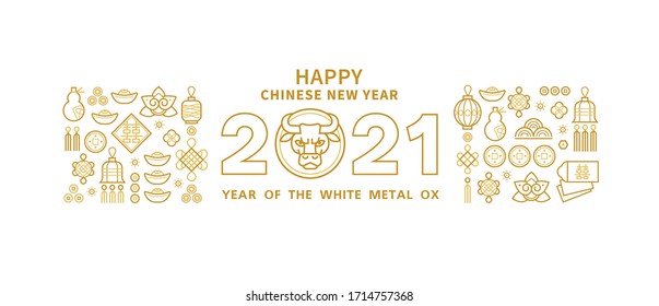 Vector banner, poster, card with a illustration of the Ox Zodiac sign, Symbol of 2021 on the Chinese calendar, isolated. White Metal Ox, Bull, chine lucky. Element for New Year's Chinese design.