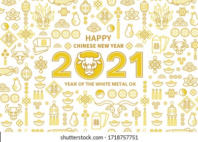 Vector banner, poster, card with a illustration of the Ox Zodiac sign, Symbol of 2021 on the Chinese calendar, isolated. White Metal Ox, Bull, Chine pattern. Element for New Year's Chinese design.