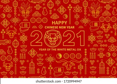 Vector banner, poster, card with a illustration of the Ox Zodiac sign, Symbol of 2021 on the Chinese calendar, isolated on red background. Metal Ox, Bull, chine lucky.New Year's Chinese design Element