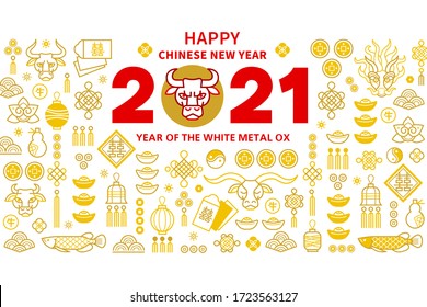 Vector banner, poster, card with a illustration of the Ox Zodiac sign, Symbol of 2021 on the Chinese calendar, isolated. White Metal Ox, Bull, chine lucky. Element for New Year's Chinese design.