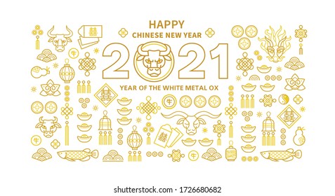 Vector banner, poster, card with a illustration of the Ox Zodiac sign, Symbol of 2021 on the Chinese calendar, isolated. White Metal Ox, Bull, Chine pattern. Element for New Year's Chinese design.