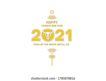 Vector banner, poster, card with a illustration of the Ox Zodiac sign, Symbol of 2021 on the Chinese calendar, isolated. White Metal Ox, Bull, chine lucky. Element for New Year's Chinese design.