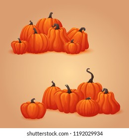 Vector banner, poster, card, leaflet, border or frame design. Heaps of orange pumpkins. Autumn harvest, market, web site, thanksgiving or halloween template.