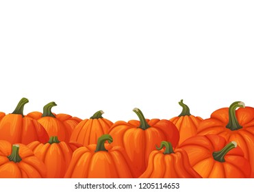 Vector banner, poster, card, leaflet, border or frame design. Background with orange pumpkins with green stems. Autumn harvest, market, web site, thanksgiving or halloween template.