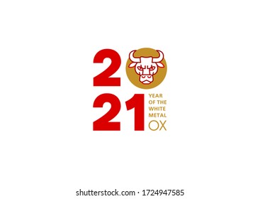 Vector banner, poster, card, logo element with a illustration of the Ox Zodiac sign, Symbol of 2021 on the Chinese calendar, isolated. White Metal Ox, Bull, chine lucky.  New Year's Chinese Element