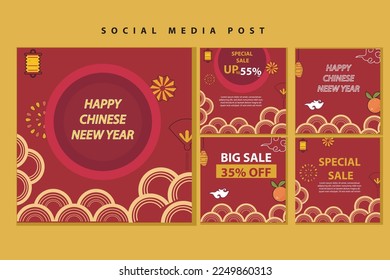 pancarta vectorial, afiche, promoción de año nuevo chino con diseño adorno, y color rojo amarillo. elementos vectoriales adecuados para medios sociales. promoción