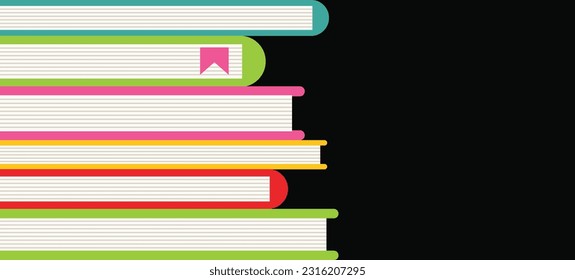 Vector banner, poster with colorful books, and space for text. Stack of colorful books on black background. 