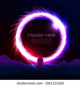 Vector banner, poster design template with bright circle portal over the mountains. With a man standing in front of it, adventure travel concept.