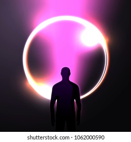Vector banner, poster design template in futurism style, with bright beam and circle and man standing in front of it, adventure travel concept.