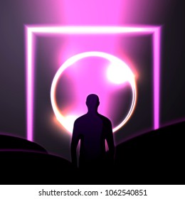 Vector banner, poster design template in futurism style, with bright beam and circle and man standing in front of it, adventure travel concept.