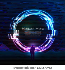 Vector banner, poster design template in glitched futurism style, with bright circle and man standing in front of it, adventure travel concept.