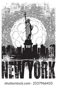 Vector banner or poster with the famous American Statue of Liberty on the background of silhouettes of night New York skyscrapers and a full moon. Decorative illustration of US landmark in retro style