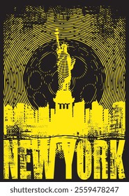 Vector banner or poster with the famous American Statue of Liberty on the background of silhouettes of night New York skyscrapers and a full moon. Decorative illustration of US landmark in retro style