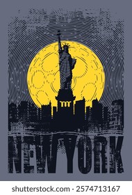 Vector banner or poster with the famous American Statue of Liberty on the background of silhouettes of night New York skyscrapers and a full moon. Decorative illustration of US landmark in retro style