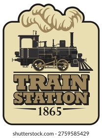 Vector banner or poster featuring a vintage steam locomotive, frame and lettering dedicated to a Children's Railway station. Vintage-style train ticket. No AI