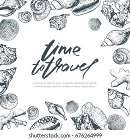 Vector banner, poster or flyer design template with hand drawn seashells and calligraphy lettering. Hand drawn illustration. Trendy concept for summer travel, holidays and tourism background.