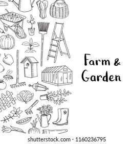 Vector banner and poster gardening doodle icons background with place for text illustration