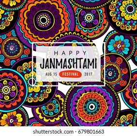 Vector banner, poster or greeting card for indian festival of Happy Krishna Janmashtami with hand drawn lettering. Vector Illustration with indian pattern.