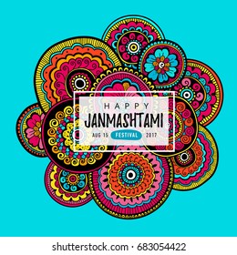 Vector banner, poster or greeting card for indian festival of Happy Krishna Janmashtami with hand drawn lettering. Vector Illustration with indian pattern.